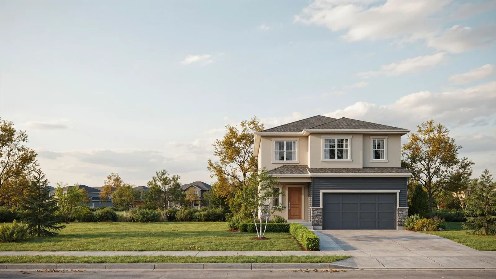 A two storey suburban house at dusk, a home whose owner is behind on mortgage payments in Airdrie