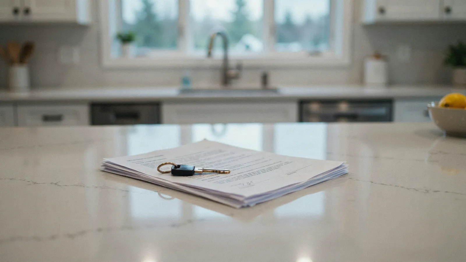 House keys resting on sale paperwork on a kitchen counter, a cash offer on a home in Airdrie