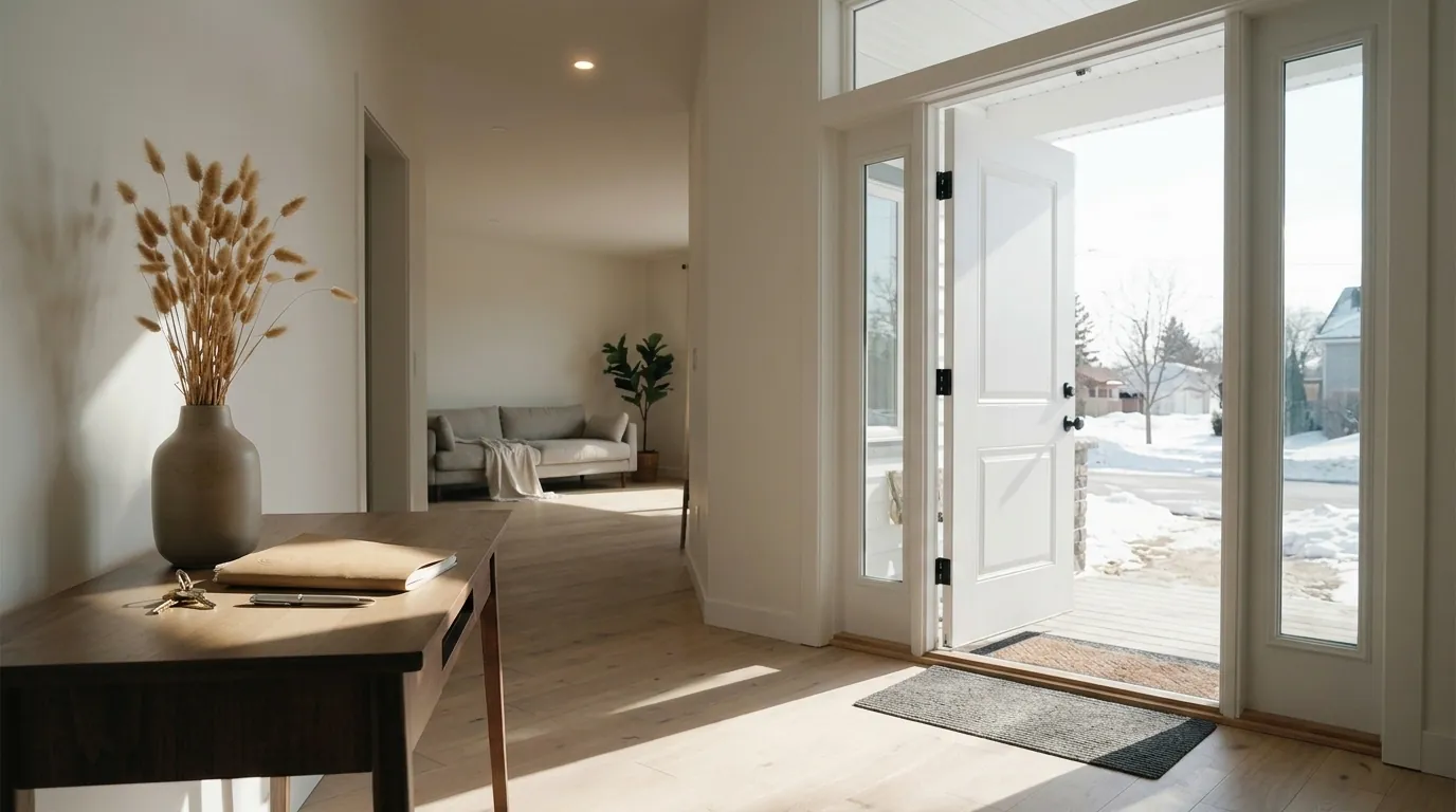 An open front door onto a bright hallway, the alternatives to foreclosure still open in Airdrie