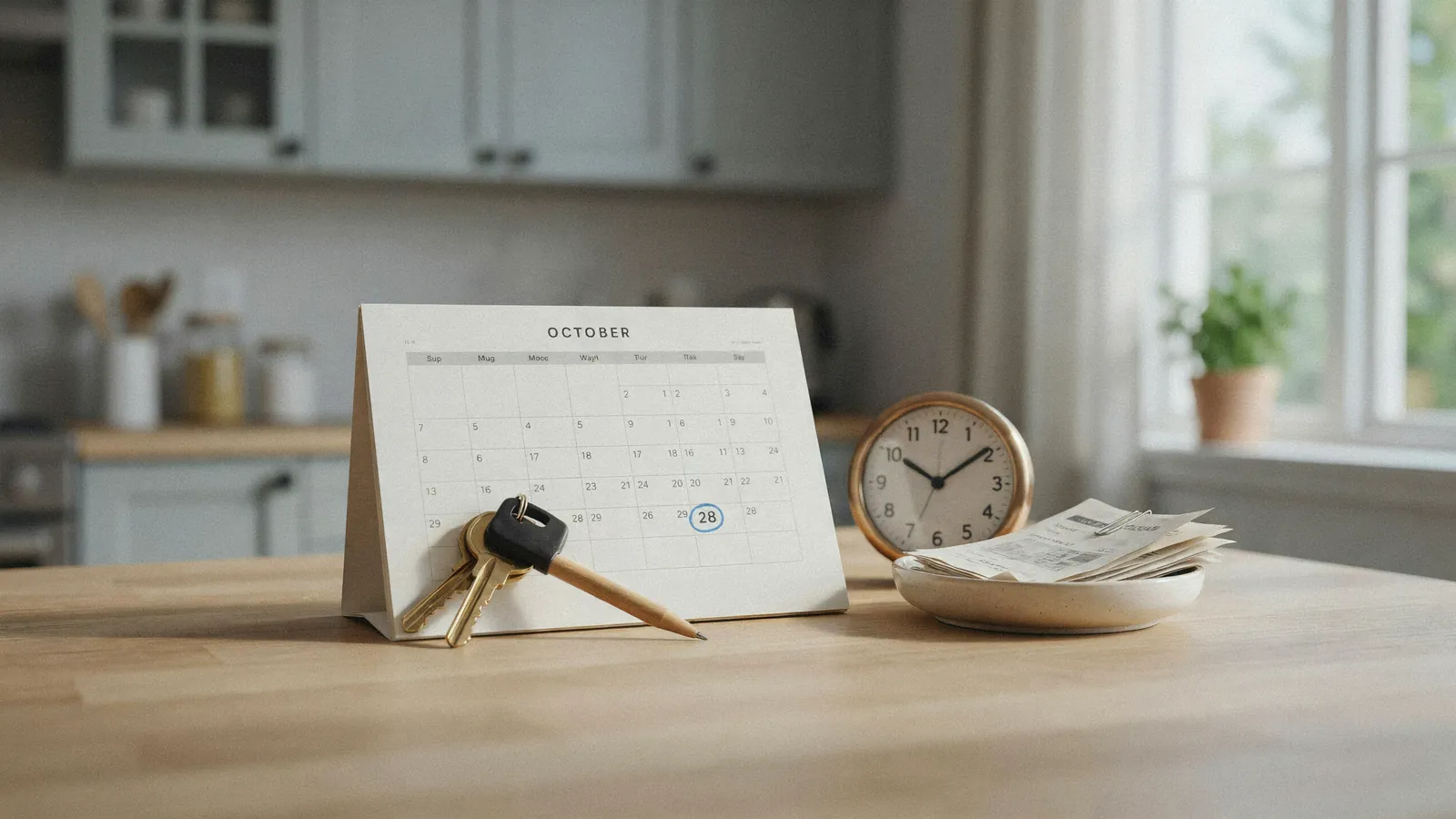 House keys resting beside a paper calendar with a date circled, marking the foreclosure timeline in Airdrie