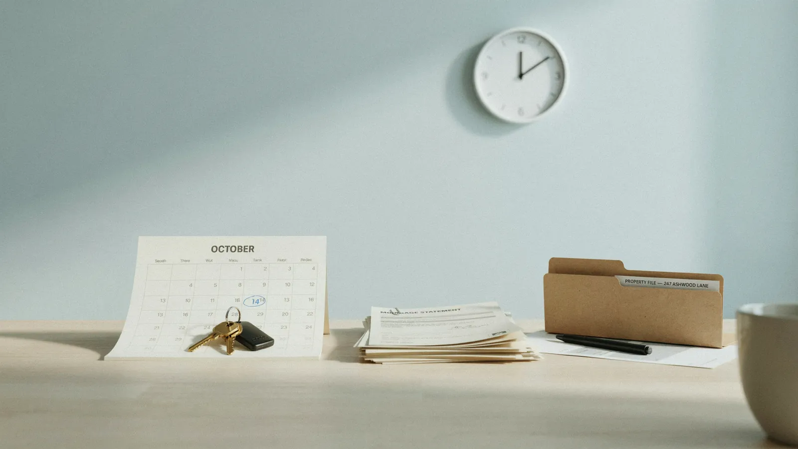 A residential property file open on a desk with calendar pages and a pen, showing how the foreclosure process in Airdrie moves stage by stage