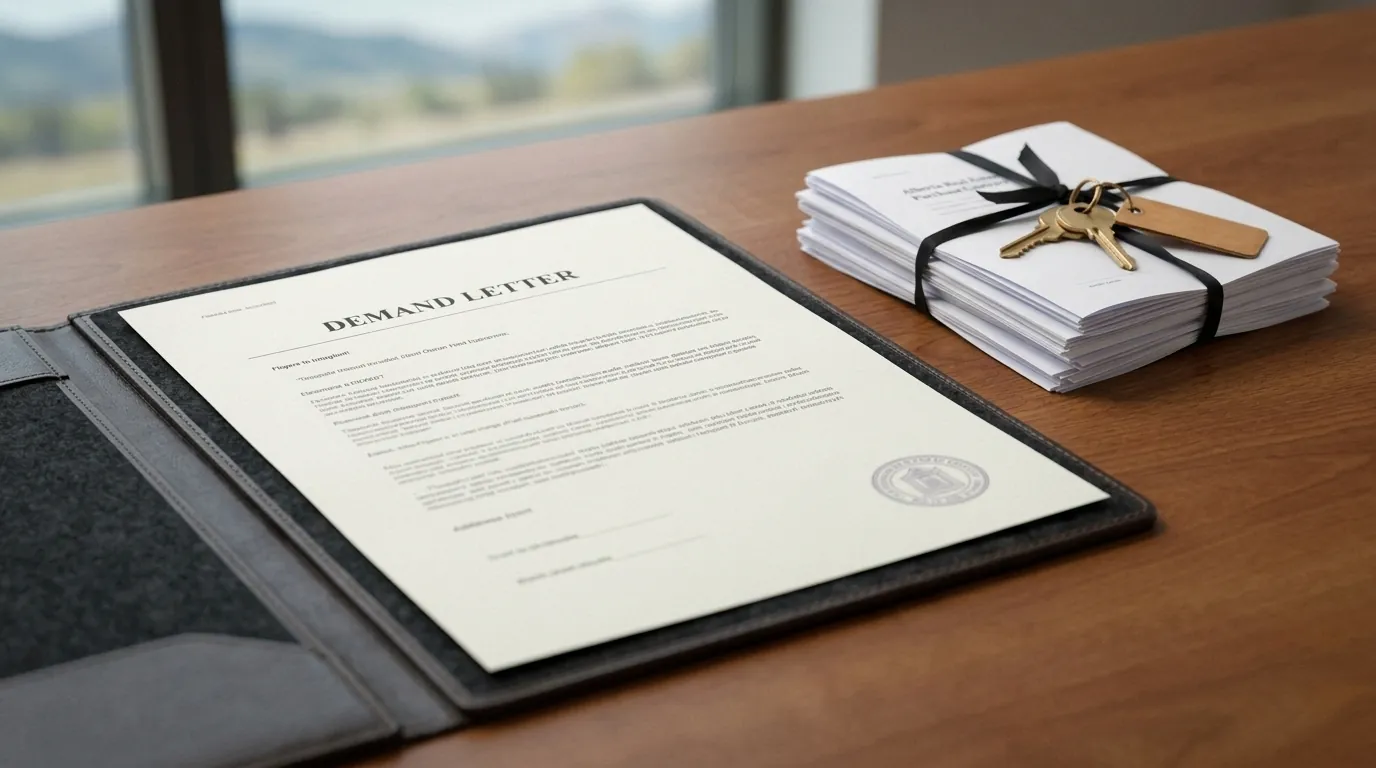 Mortgage paperwork and a demand letter on a desk, refinancing to stop foreclosure in Airdrie
