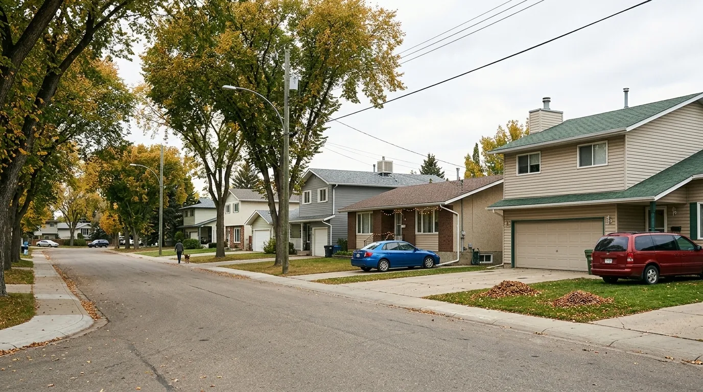 An ordinary residential street of Airdrie homes, where a foreclosure can reach any stage of the process